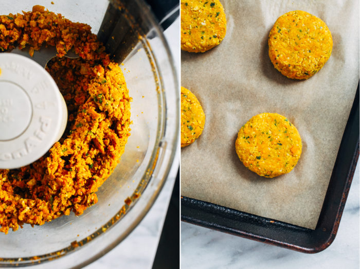 Curried Sweet Potato Chickpea Burgers- blended with turmeric, curry, and cumin, these veggie burgers perfect to prep ahead for quick and healthy meals! (plant-based, gluten-free)