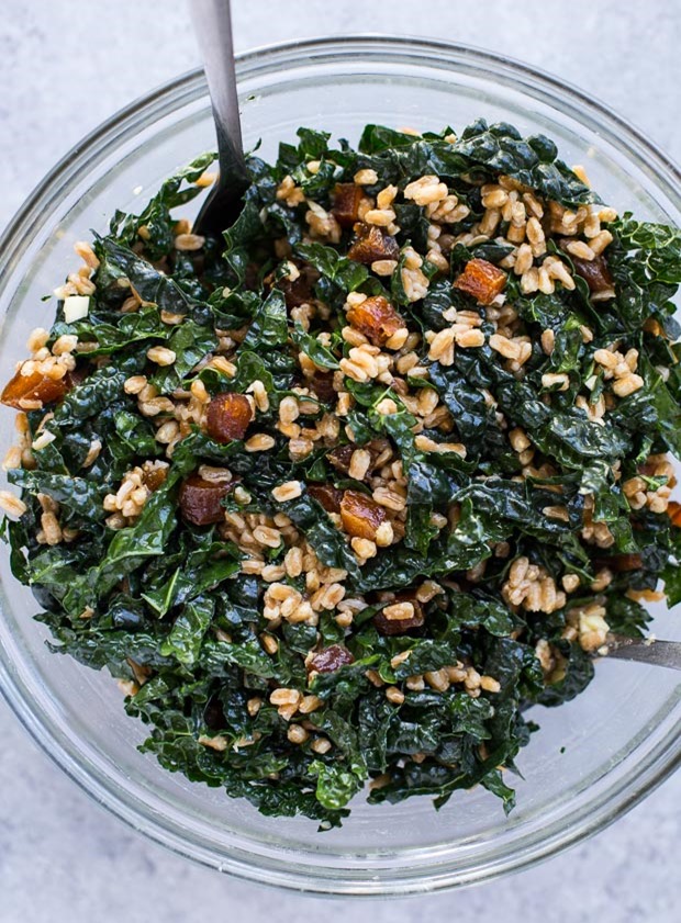 Farro Kale Salad with Pickled Almonds and Shallots (vegan) | makingthymeforhealth.com