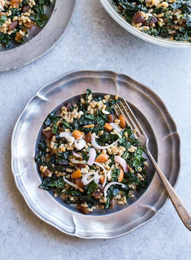 Farro Kale Salad with Pickled Almonds and Shallots (vegan) | makingthymeforhealth.com