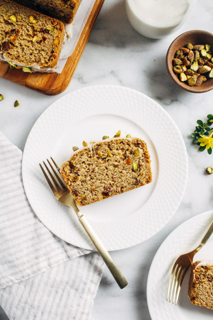 Gluten-free Pistachio Cake- a whole grain and dairy-free cake that's naturally sweetened and full of pistachio flavor. Perfect to serve for brunch or dessert!