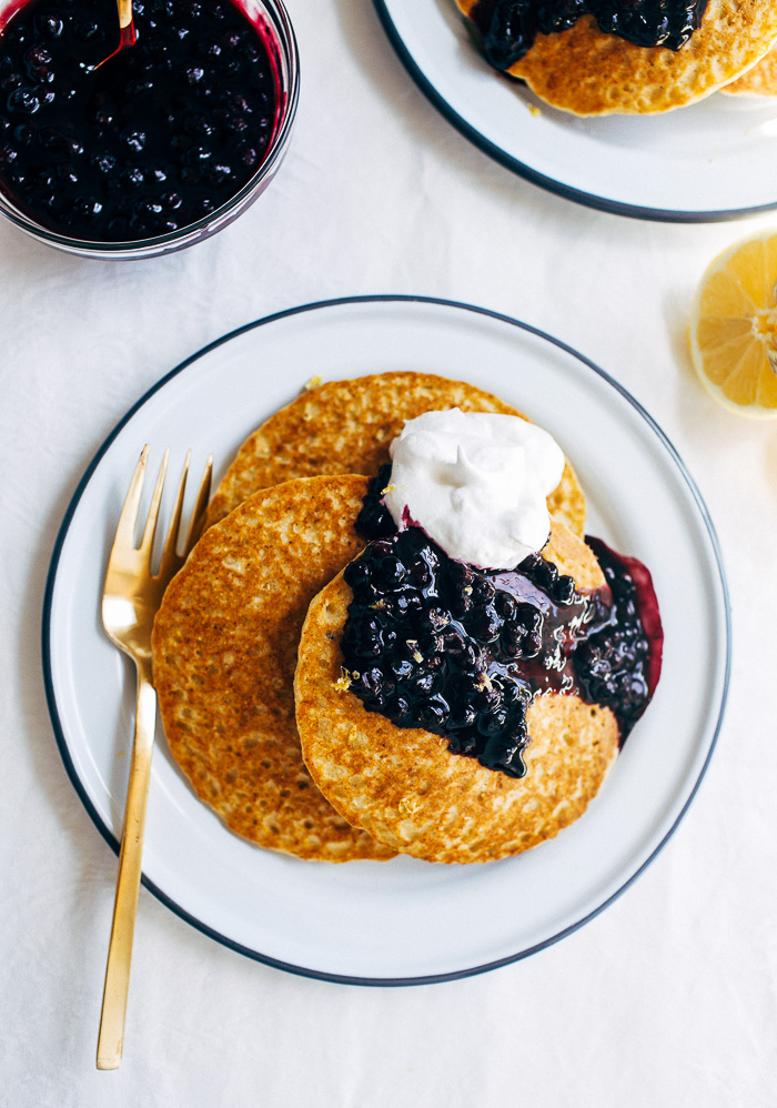 Hoecakes with Blueberry Lemon Compote- light and fluffy cornmeal pancakes that are vegan and gluten-free! Perfect for brunch or a weekend breakfast. | Making Thyme for Health