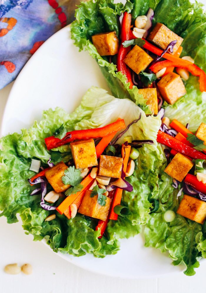 Baked Thai Tofu Lettuce Wraps- served with an amazing peanut-ginger-lime sauce. Only takes 35 minutes to make! (vegan, gluten-free, grain-free)