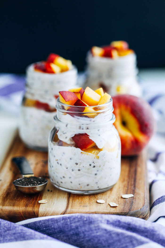 Overnight Peaches and Cream Chia Seed Oats- just 5 minutes to prep and you wake up to a delicious and healthy breakfast that's packed full of protein! (vegan + gluten-free) | Making Thyme for Health 