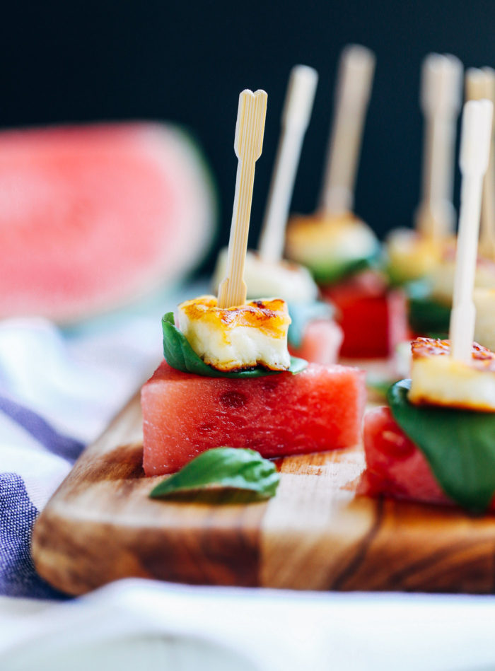 Watermelon Basil Halloumi Bites- juicy sweet watermelon with salty cheese and fresh basil. The perfect summer appetizer! 