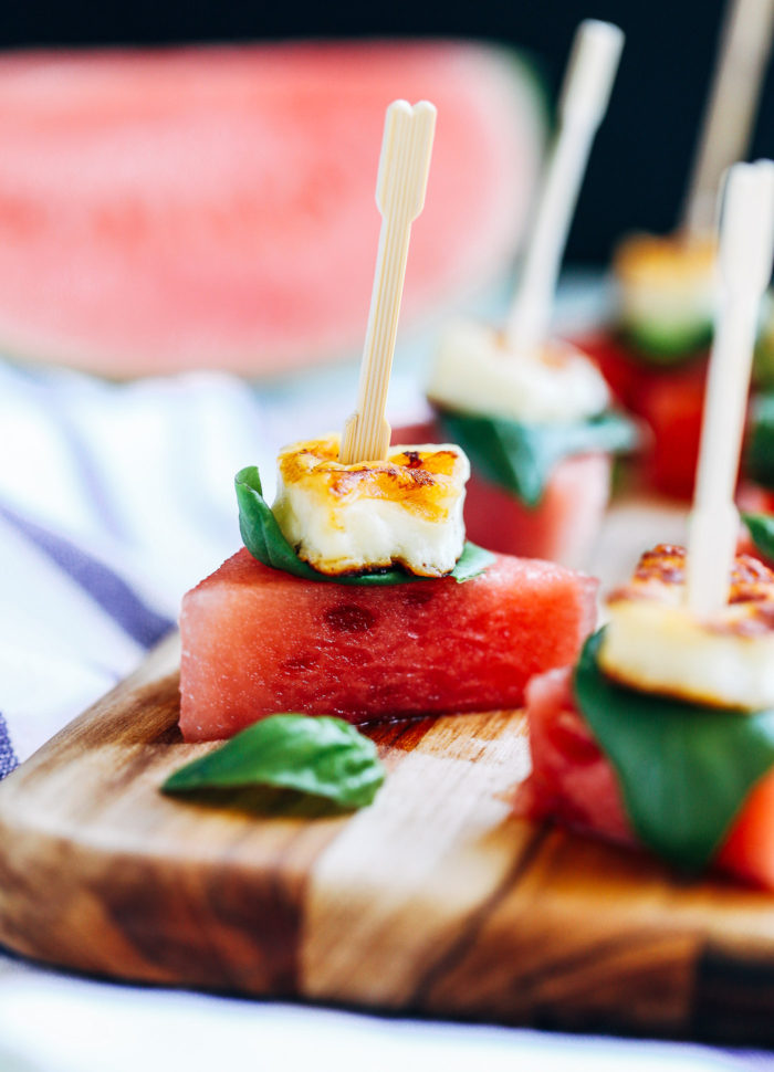 Watermelon Basil Halloumi Bites- juicy sweet watermelon with salty cheese and fresh basil. The perfect summer appetizer! 