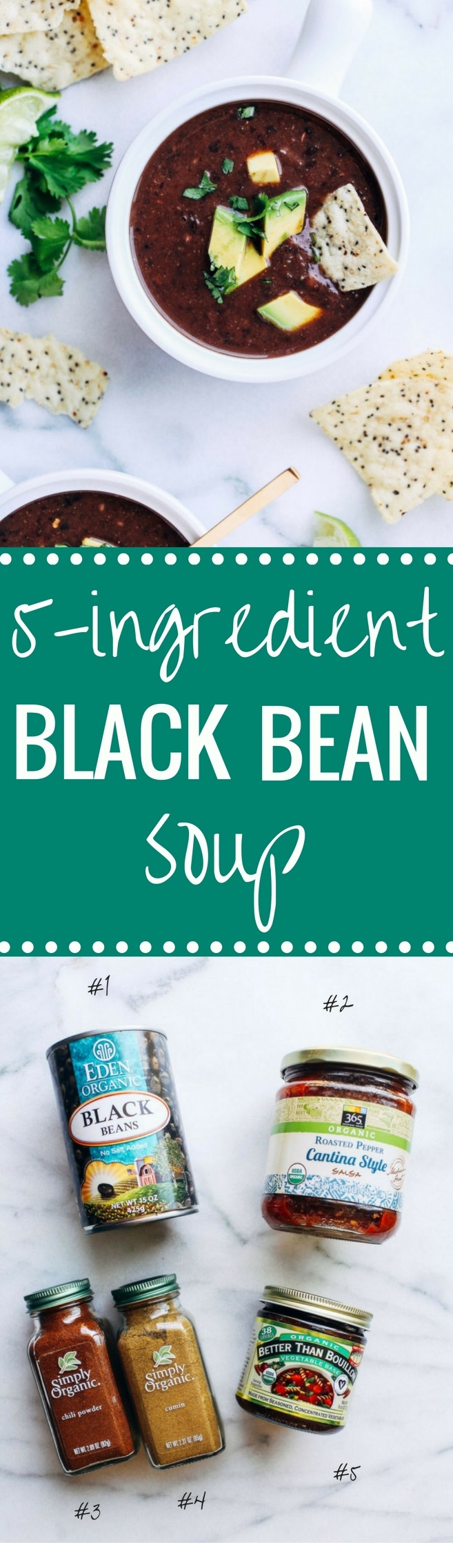 5-Ingredient Black Bean Soup- you won’t believe how easy this soup is to make! Just 15 minutes is all you need for a quick and healthy meal that’s packed full of protein and antioxidants! (vegan + gluten-free)