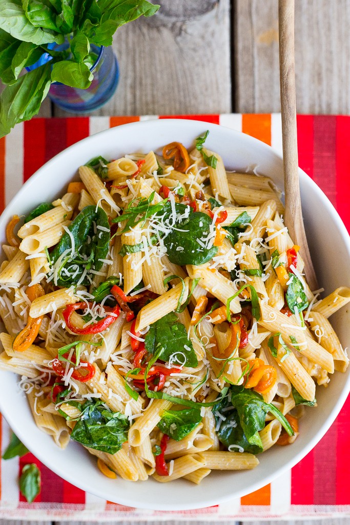 Balsamic Sweet Pepper Pasta with Spinach and Parmesan from She Likes Food