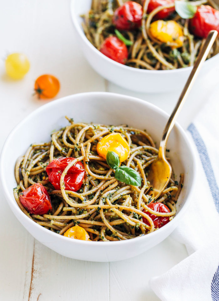 Kale Pesto Pasta with Burst Cherry Tomatoes from Making Thyme for Health