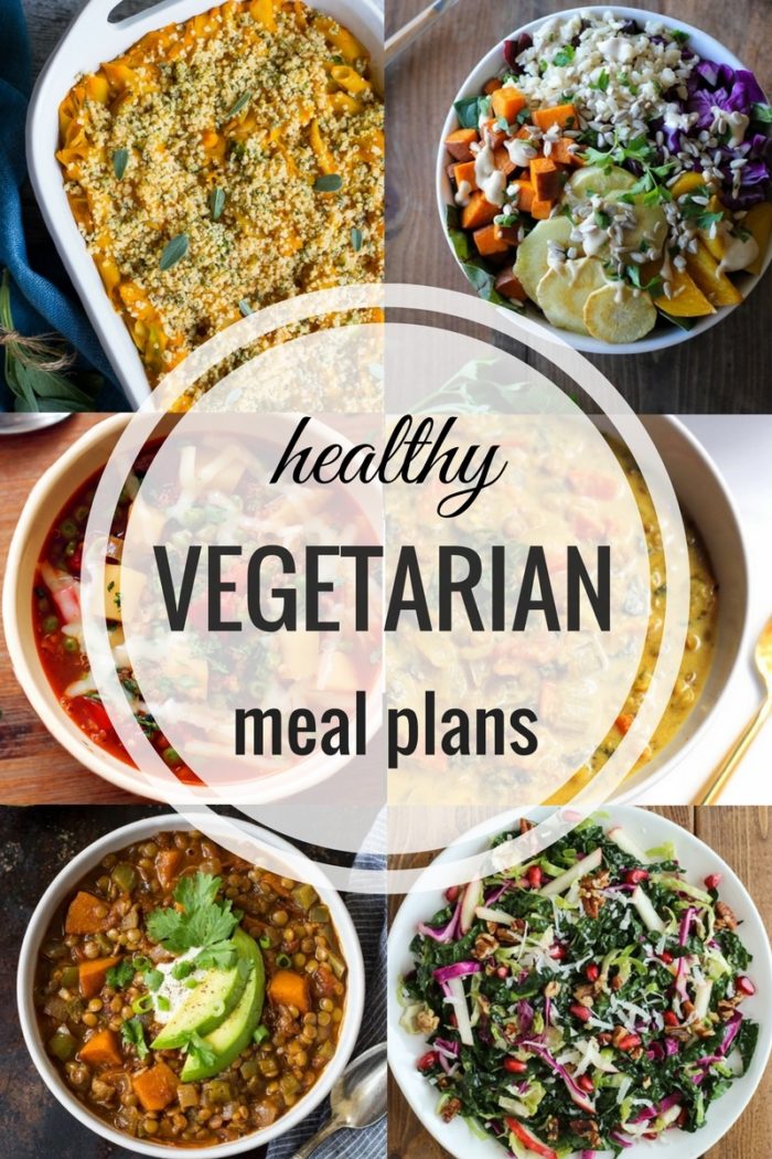 Healthy Vegetarian Meal Plans- weekly recipes with prep ahead tips, vegan/GF substitutions, and a color-coded shopping list! 