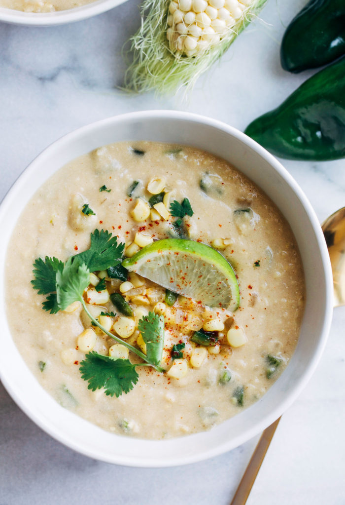 Vegan Roasted Poblano Corn Chowder- a comforting and creamy soup made from fresh corn, roasted poblanos and coconut milk. You'd never guess it's dairy-free!