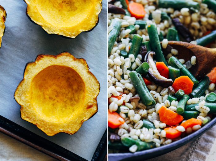 Barley Stuffed Acorn Squash- roasted acorn squash stuffed with creamy barley and seasonal vegetables. Super satisfying and perfect for a plant-based main course!