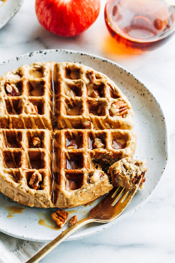 Apple Cinnamon Oatmeal Waffles- whole grain waffles with perfectly crisp edges. Made with rolled oats and shredded apple. (gluten-free and dairy-free)