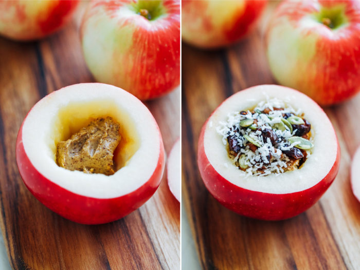 Almond Butter Baked Apples- sweet baked apples stuffed with vanilla almond butter, pecans, cinnamon and drizzled with pure maple syrup. Makes for a delicious guilt-free snack or dessert! (vegan + gluten-free)