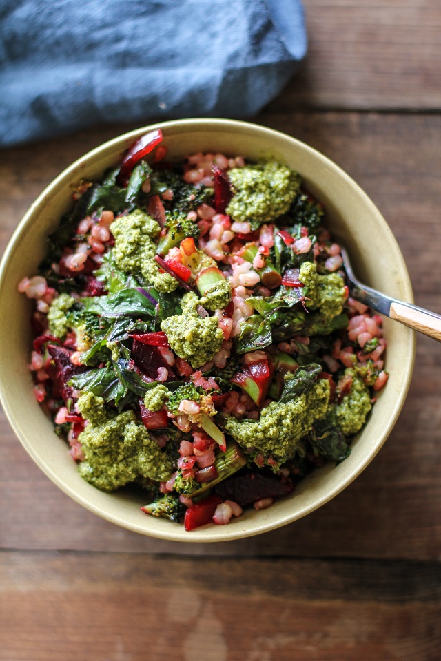 Broccoli Beet and Kale Brown Rice Bowls with Pesto from The Roasted Root