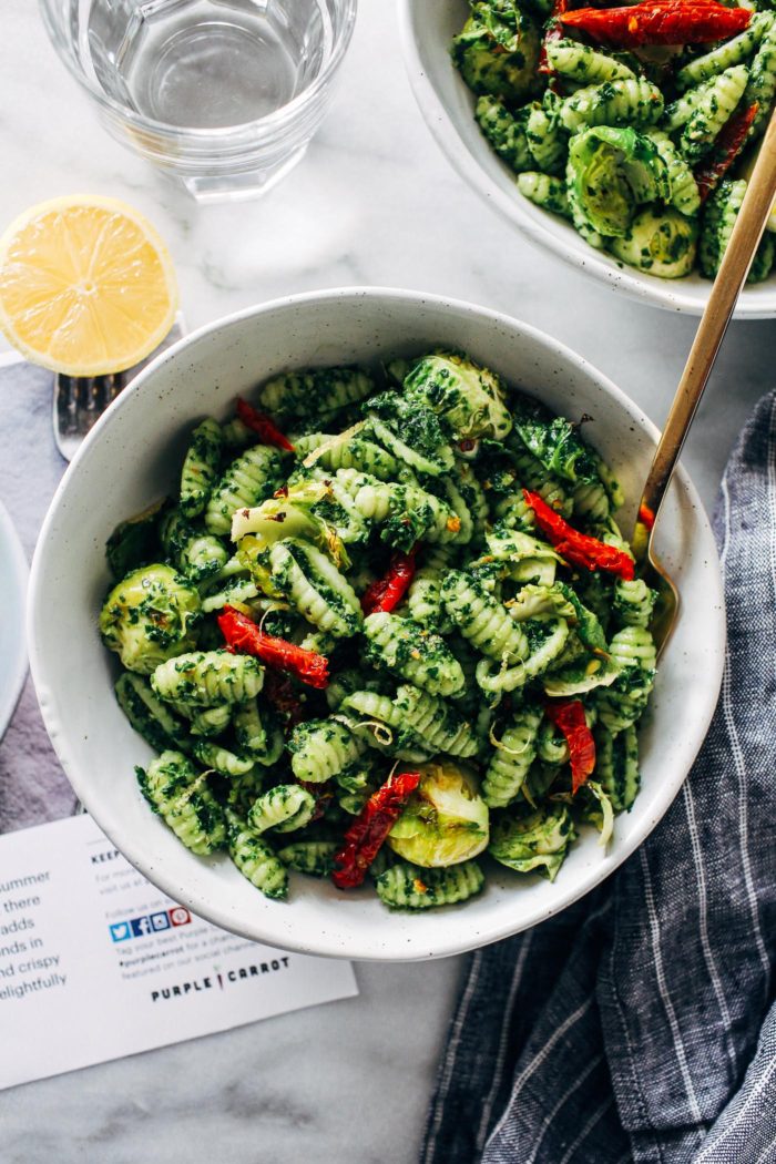 Kale Pesto Cavatelli with Crispy Roasted Brussels Sprouts | delicious plant-based meals delivered to your door from Purple Carrot!
