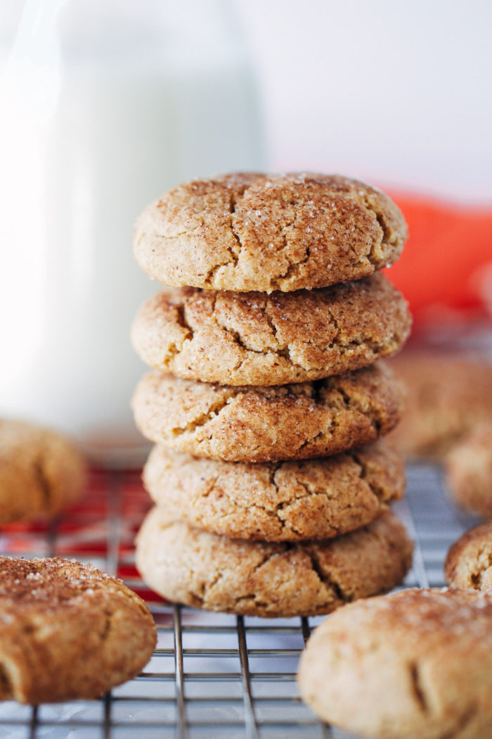 Dreamy Vegan Snickerdoodles- cinnamon sugar cookies with perfectly chewy edges and a pillowy soft center. So good that you would never guess that they're gluten-free and dairy-free!