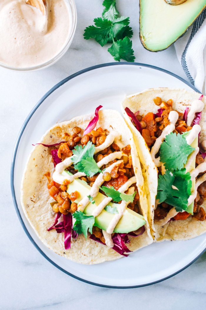 Lentil Carrot Tacos with Chipotle Sunflower Cream- a simple recipe for AMAZING lentil tacos paired with a smoky sweet chipotle sunflower cream. Hearty, nutritious and so satisfying! (vegan, dairy-free, gluten-free, nut-free)