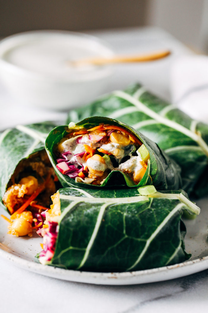 Barbecue Chickpea Collard Wraps with Hemp Ranch Dressing- packed with protein and fiber, these veggie-filled collard wraps make the perfect healthy lunch! (vegan, gluten-free, grain-free)