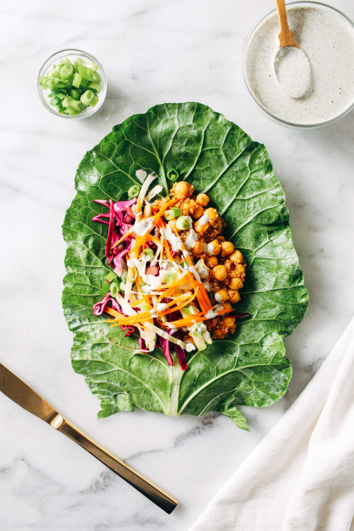 Barbecue Chickpea Collard Wraps with Hemp Ranch Dressing- packed with protein and fiber, these veggie-filled collard wraps make the perfect healthy lunch! (vegan, gluten-free, grain-free)