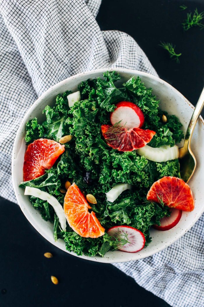 Winter Kale Salad with Lemon Dijon Dressing- perfect to prep for healthy lunches or serve to guests! (vegan, gluten-free, grain-free)