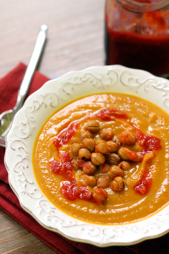 Carrot, Squash, and Coriander Soup with Crunchy Harissa Chickpeas from Eats Well With Others