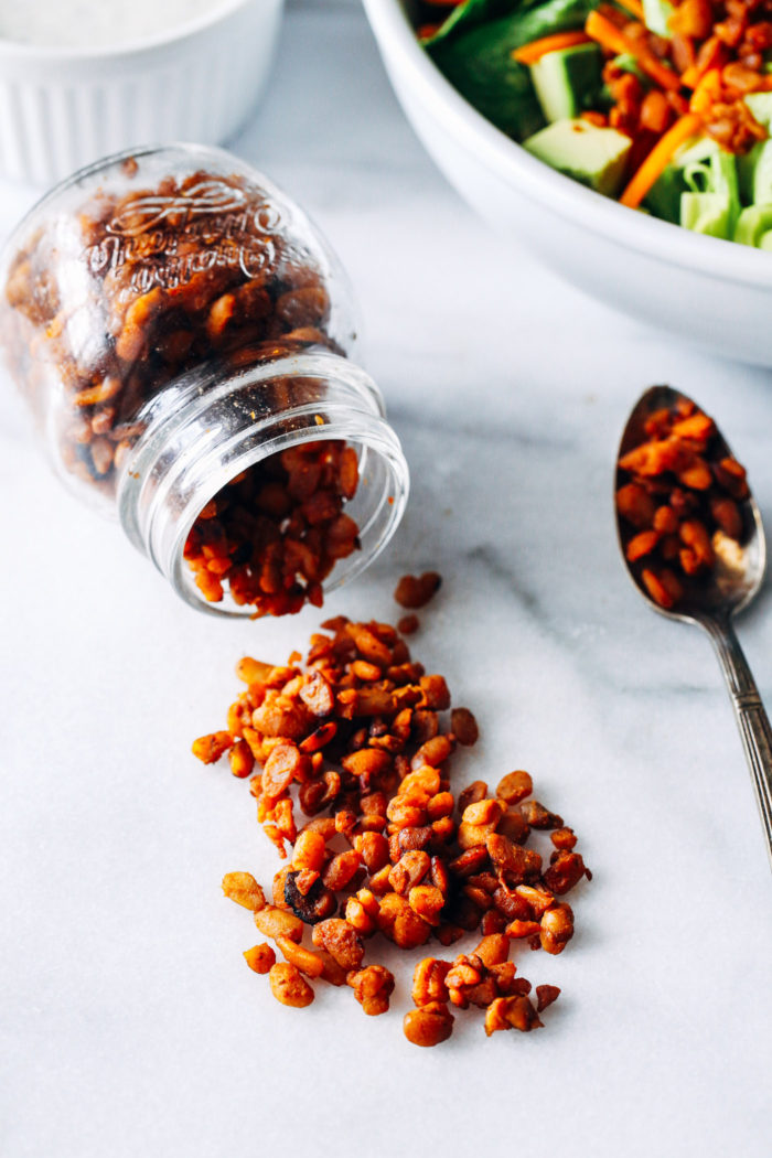 Easy Tempeh Bacon Bits- just 5 simple ingredients is all you need to make these delicious meatless bacon bits. Perfect for topping salads, pasta, and pizza! (vegan, gluten-free)