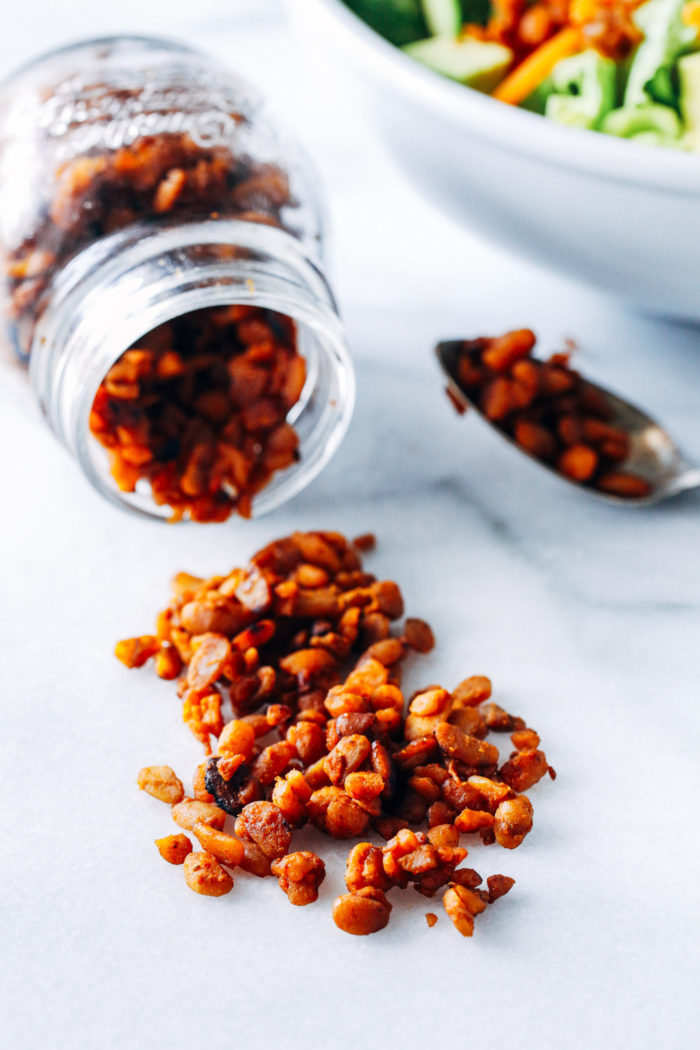 Easy Tempeh Bacon Bits- just 5 simple ingredients is all you need to make these delicious meatless bacon bits. Perfect for topping salads, pasta, and pizza! (vegan, gluten-free)
