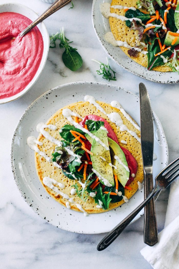 Chickpea Flour Crepes- just 3 ingredients to make these light crepes. Each one packs 9 grams of protein + 8 grams of fiber! (vegan + gluten-free)