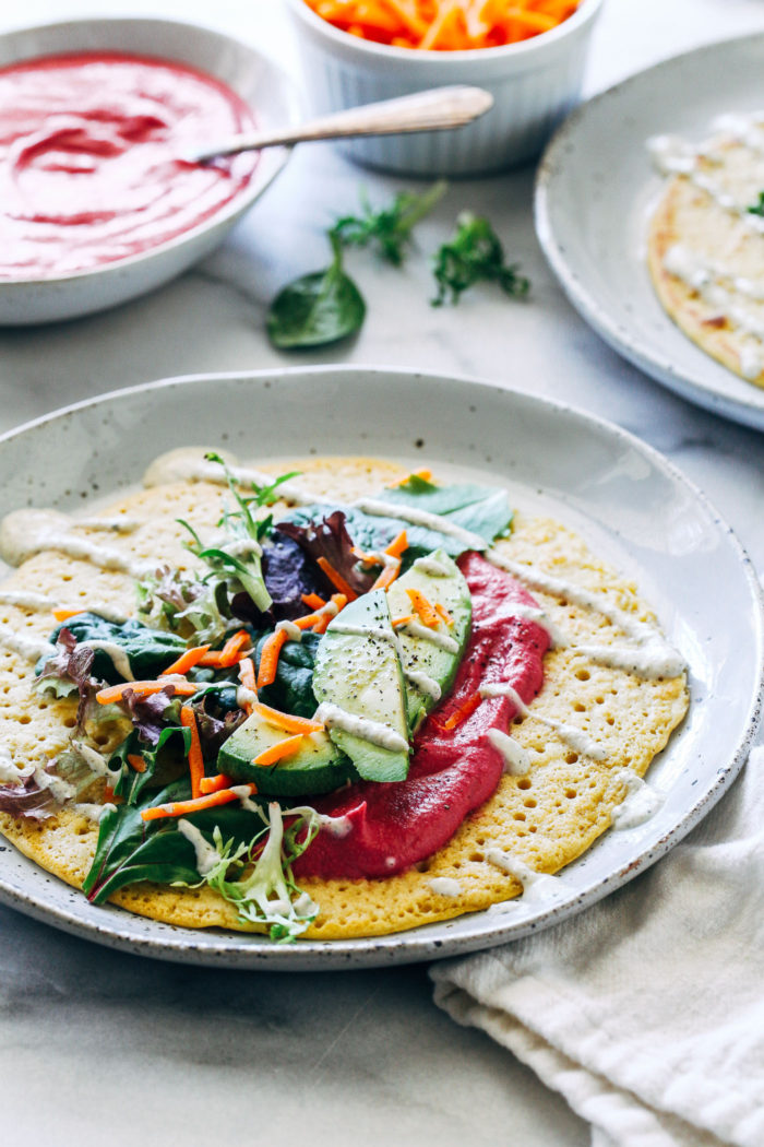 Chickpea Flour Crepes- just 3 ingredients to make these light crepes. Each one packs 9 grams of protein + 8 grams of fiber! (vegan + gluten-free)