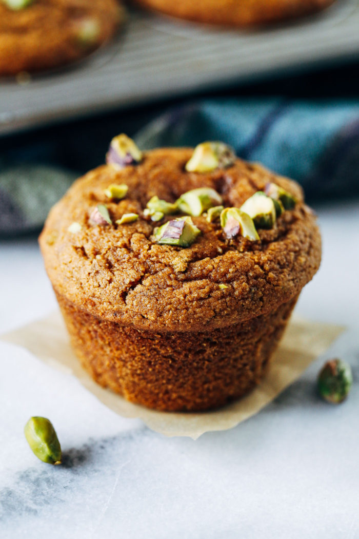 Pistachio Cardamom Muffins- naturally sweetened and made with wholesome ingredients. (vegan + gluten-free)
