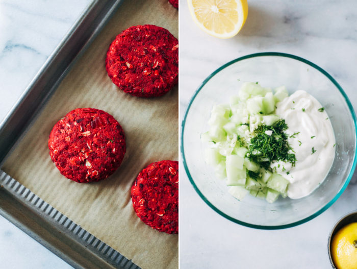 Beet Patties with Vegan Tzatziki- a simple combo of chickpeas, beets and fresh dill topped with a flavorful vegan tzatziki. Each serving provides 14 grams of protein! (vegan + gluten-free)