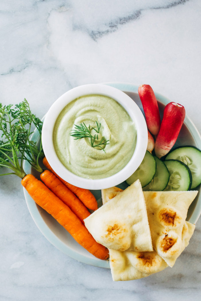 Hemp Seed Ranch Hummus- hemp seeds replace oil in this recipe for a super creamy hummus that's packed full of protein and healthy omega 3 fatty acids. Less than 10 ingredients to make! 