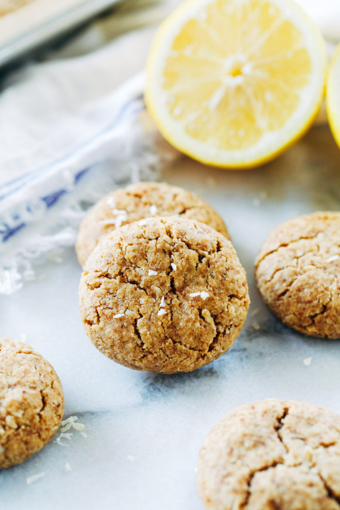 Soft and Chewy Lemon Coconut Cookies- made with fresh lemon zest and naturally sweetened with coconut sugar. You won't be able to eat just one! (vegan + gluten-free)