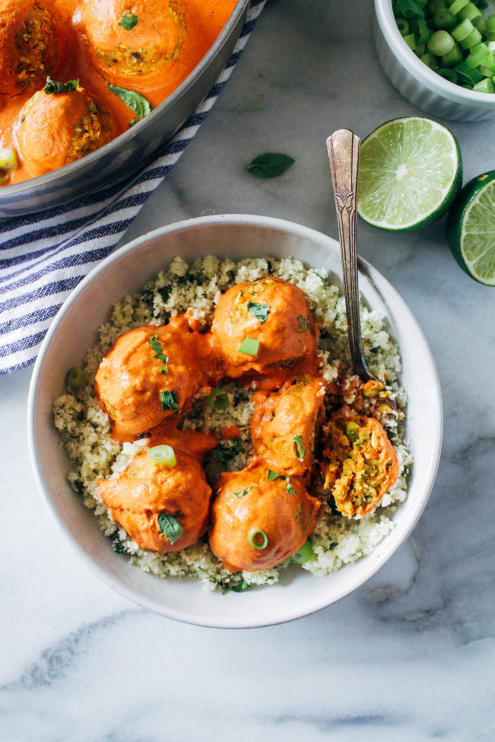 Thai Red Curry Chickpea 'Meatballs"- fresh ginger, carrots and garlic are blended with chickpeas and served with a creamy red curry sauce for a satisfying and flavorful plant-based meal. (gluten-free)