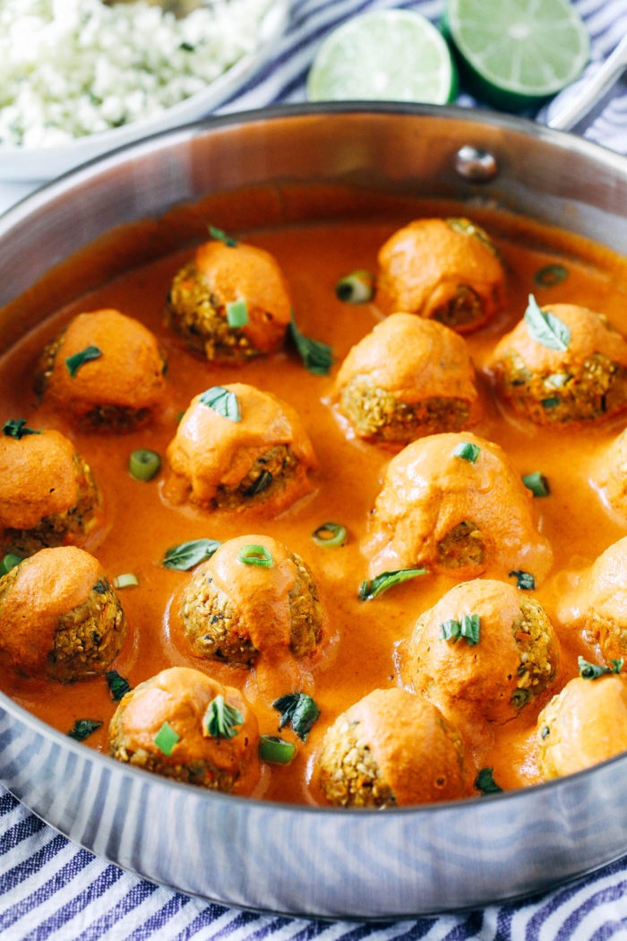 Thai Red Curry Chickpea 'Meatballs"- fresh ginger, carrots and garlic are blended with chickpeas and served with a creamy red curry sauce for a satisfying and flavorful plant-based meal. (gluten-free)