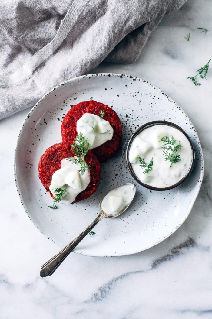 Beet Patties with Vegan Tzatziki from Making Thyme for Health
