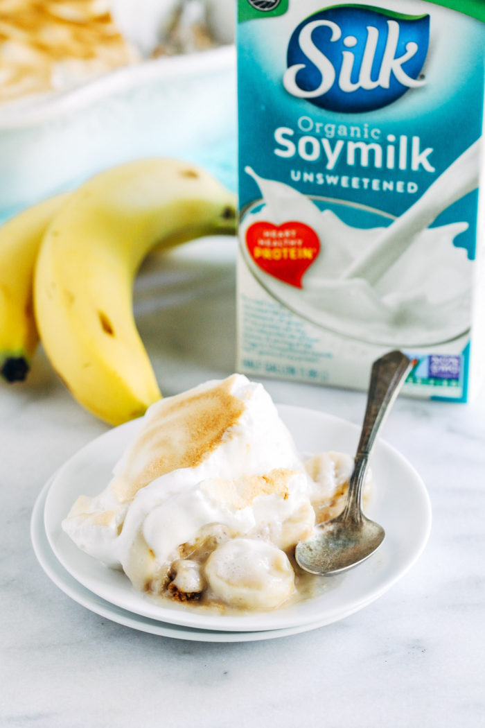 Southern Style Vegan Banana Pudding- creamy vanilla pudding with slices of fresh banana tucked inside, finished with a light and fluffy meringue topping. No one will know it's made without eggs!