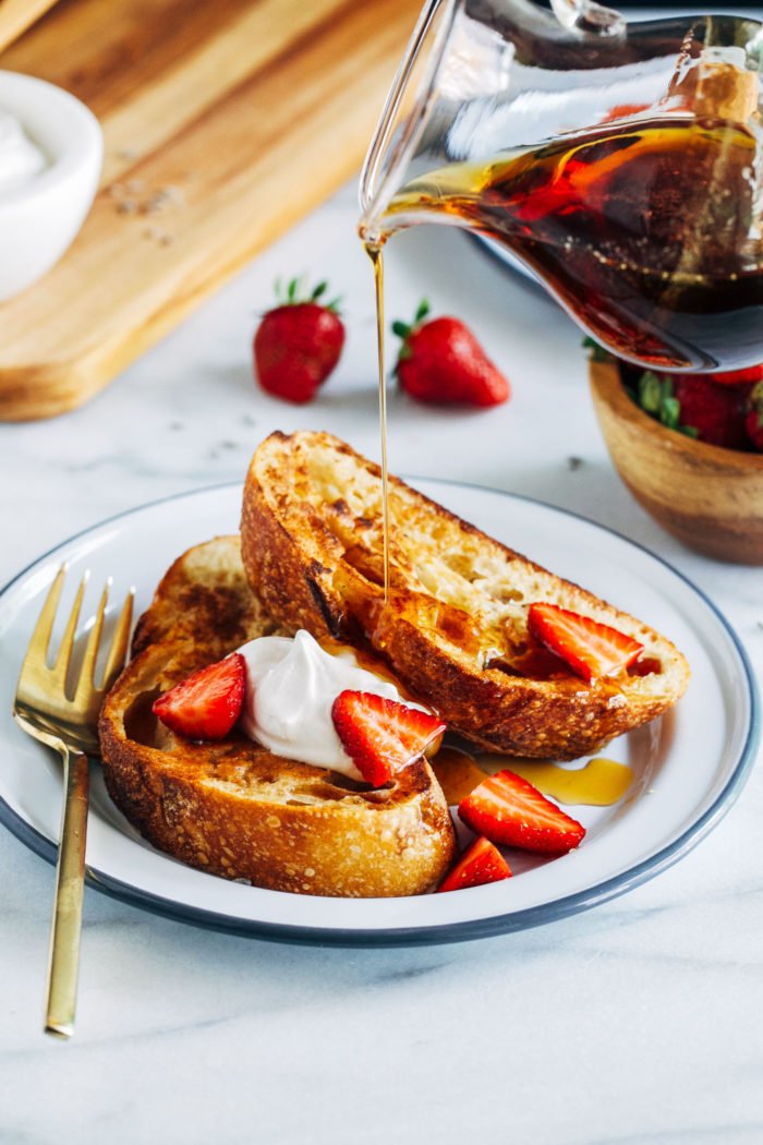 Vegan French Toast with Lavender-Infused Syrup- just 5 ingredients is all you need for this simple vegan French toast. It's so good you would never guess it's made without dairy and eggs!