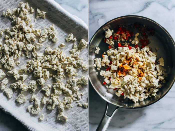 Easy Tofu Scramble- a healthy plant-based alternative to scrambled eggs that's packed full of flavor and protein. Just 8 ingredients to make!