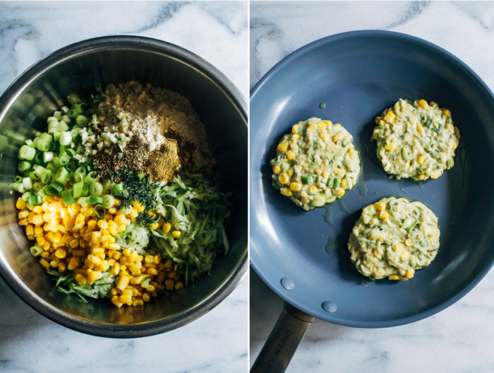 Healthy Zucchini Corn Fritters- all you need is 8 simple ingredients to make these summery zucchini fritters! (vegan, gluten-free, grain-free)