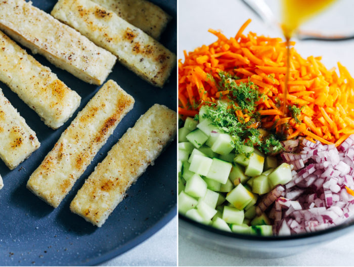 Crispy Tofu Bahn Mi Tacos- crispy tofu with pickled cucumber and carrots topped with a creamy sriracha sauce. (vegan + gluten-free)