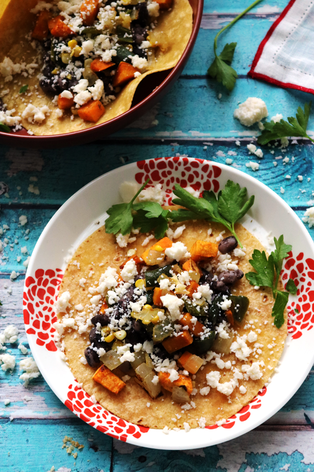 Soft Corn Tacos with Roasted Sweet Potatoes, Poblano Peppers, and Corn from Eats Well With Others