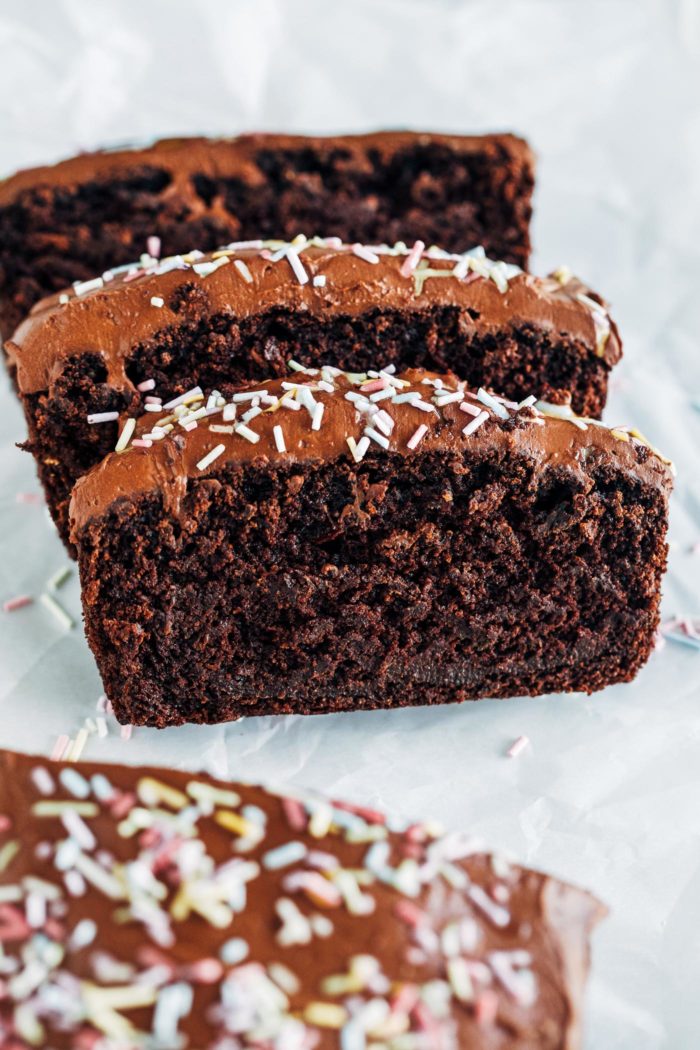 Double Chocolate Zucchini Cake- moist chocolate cake made oil-free with tahini and topped with a fudgy chocolate coconut cream frosting! (vegan + gluten-free)