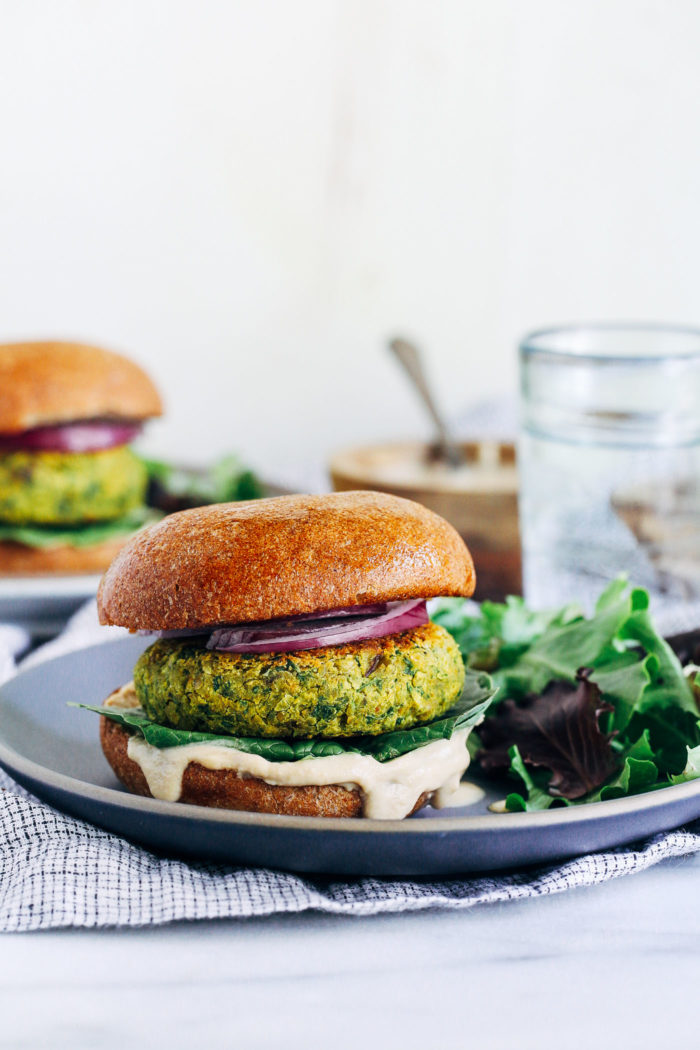 Turmeric Falafel Burgers- a healthier version of falafel made with ground turmeric for an anti-inflammatory boost. Each burger has 10 grams of protein! (vegan, gluten-free + grain-free)