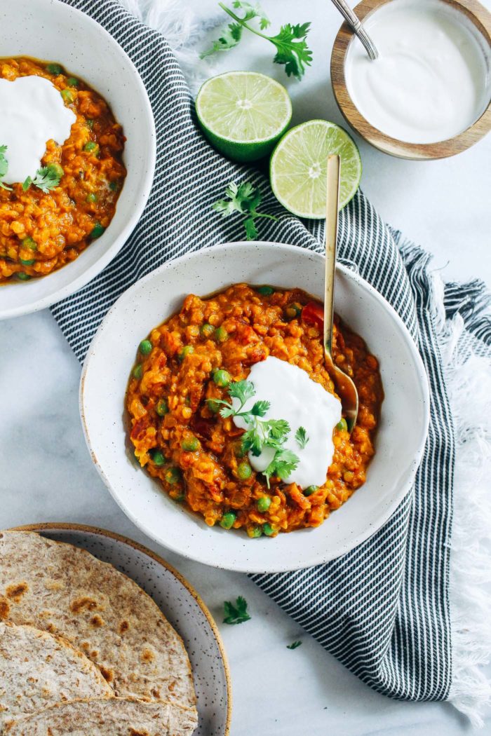 One-Pot Red Lentil Sweet Potato Curry- mashed sweet potato and coconut milk give this easy red lentil stew a rich and comforting texture that's perfect for cool days. (vegan, gluten-free + grain-free)