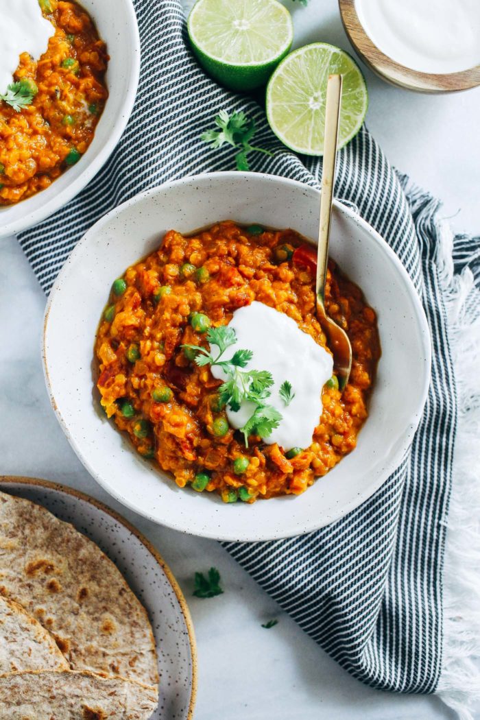 One-Pot Red Lentil Sweet Potato Curry- mashed sweet potato and coconut milk give this easy red lentil stew a rich and comforting texture that's perfect for cool days. (vegan, gluten-free + grain-free)