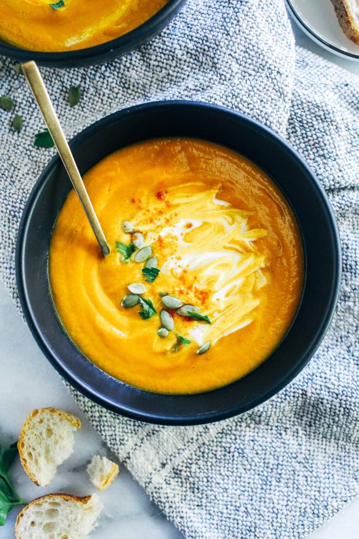 Miso-Ginger Butternut Squash Soup- infused with the rich umami flavors of roasted butternut squash and fermented miso, this soup is just as nourishing as it is delicious. (vegan, gluten-free + nut-free)