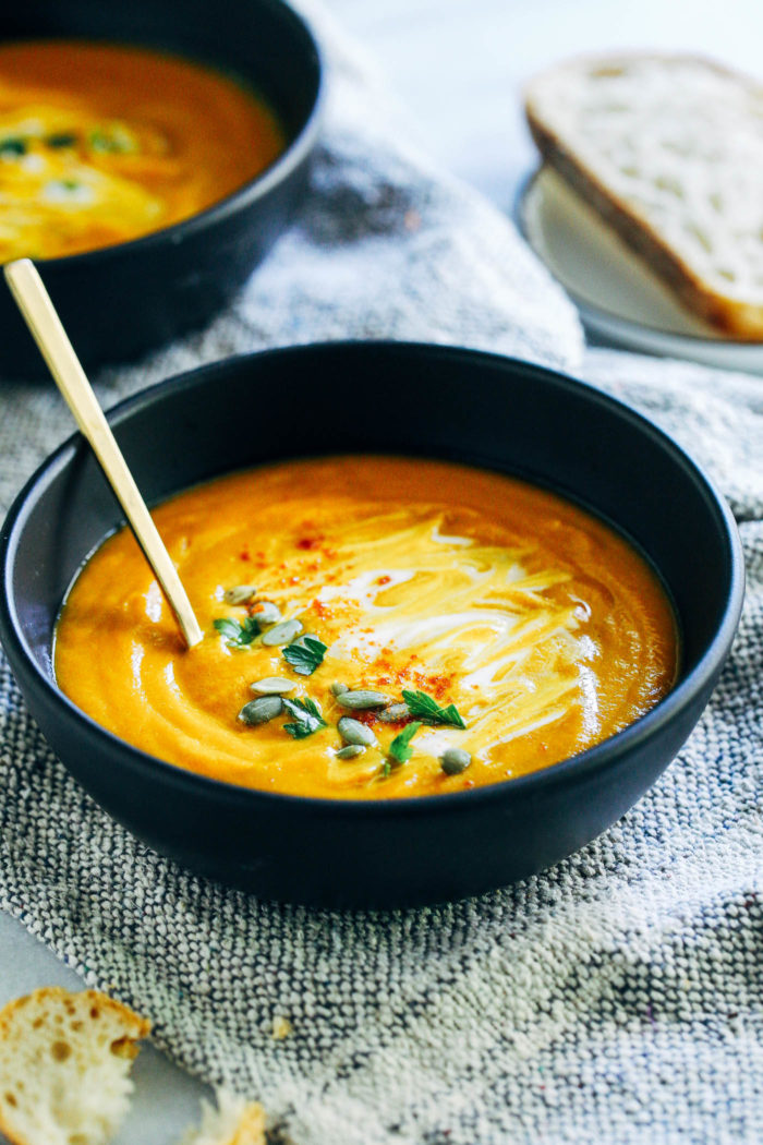 Miso-Ginger Butternut Squash Soup- infused with the rich umami flavors of roasted butternut squash and fermented miso, this soup is just as nourishing as it is delicious. (vegan, gluten-free + nut-free)