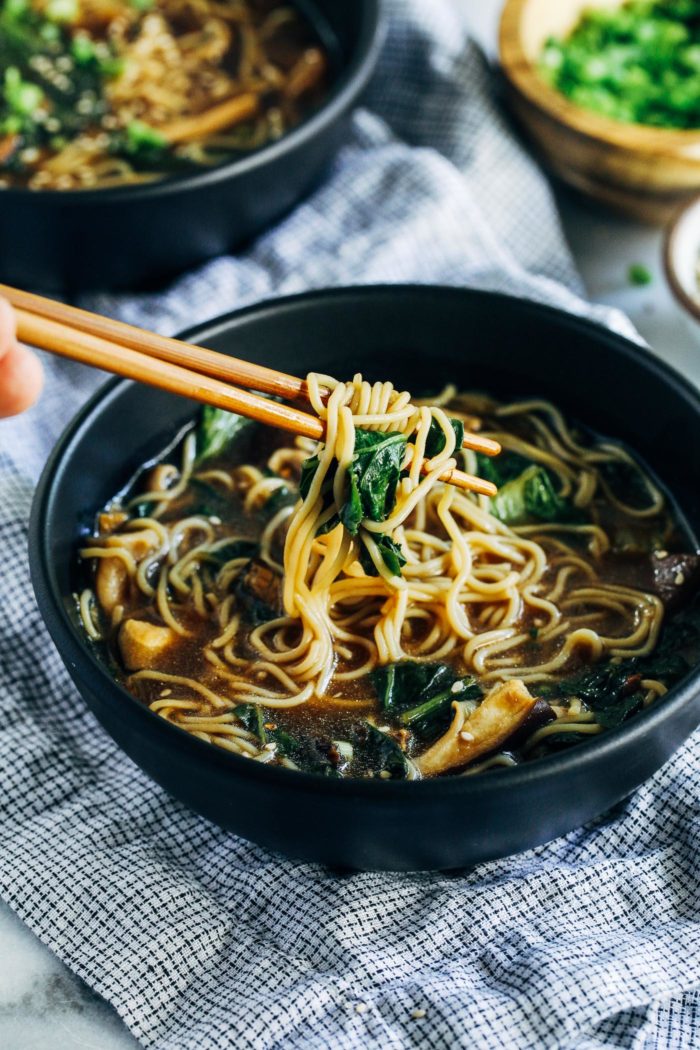 Easy Mushroom Ramen- just 10 ingredients and 30 minutes is all you need to make this cozy homemade ramen. (vegan, gluten-free + soy-free)