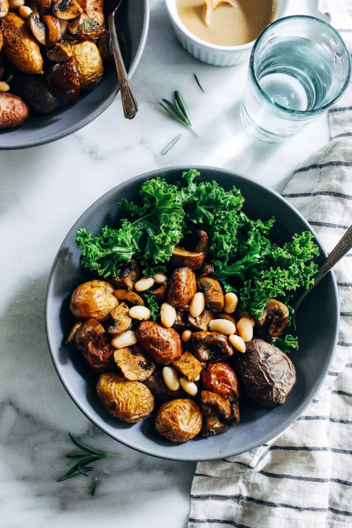 Sheet Pan Balsamic Rosemary Potatoes with Mushrooms, White Beans and Kale - all you need is 10 ingredients to make this easy sheet pan meal! (vegan, gluten-free + grain-free)